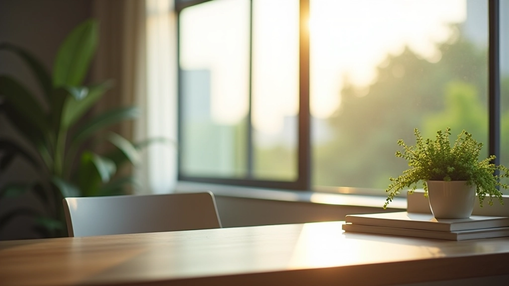 Bright apartment workspace with large windows, natural sunlight streaming across desk, plants on windowsill, minimal glare on monitor, comfortable morning light
