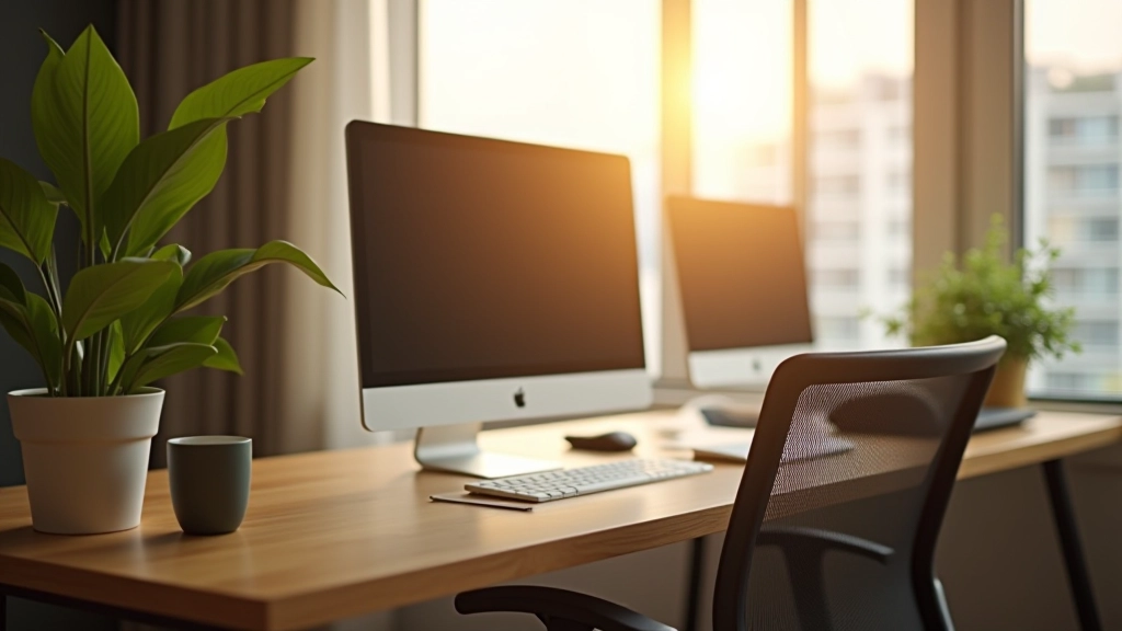 Home office corner with ergonomic desk setup, monitor, plants, and natural window light, professional workspace