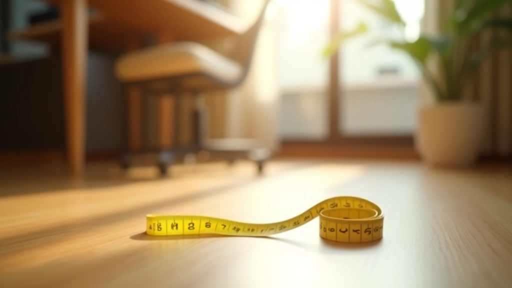 Measuring tape on hardwood floor next to desk setup, showing room dimensions being checked, bright natural light from side window