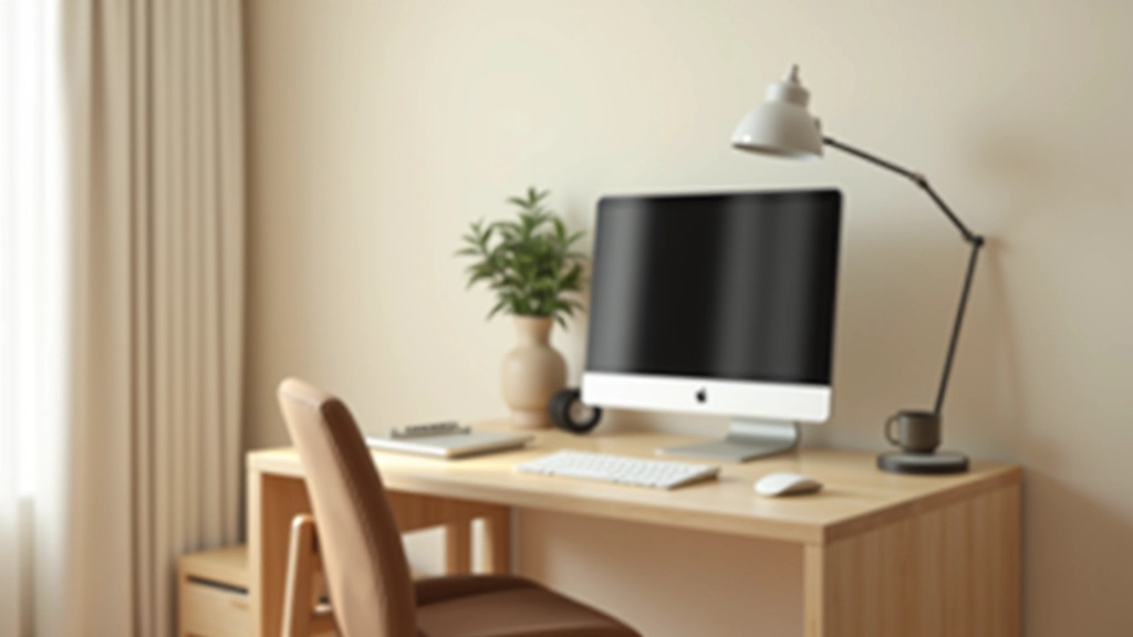 Minimalist home office with light wood desk, ergonomic office chair, and organized workspace against neutral wall