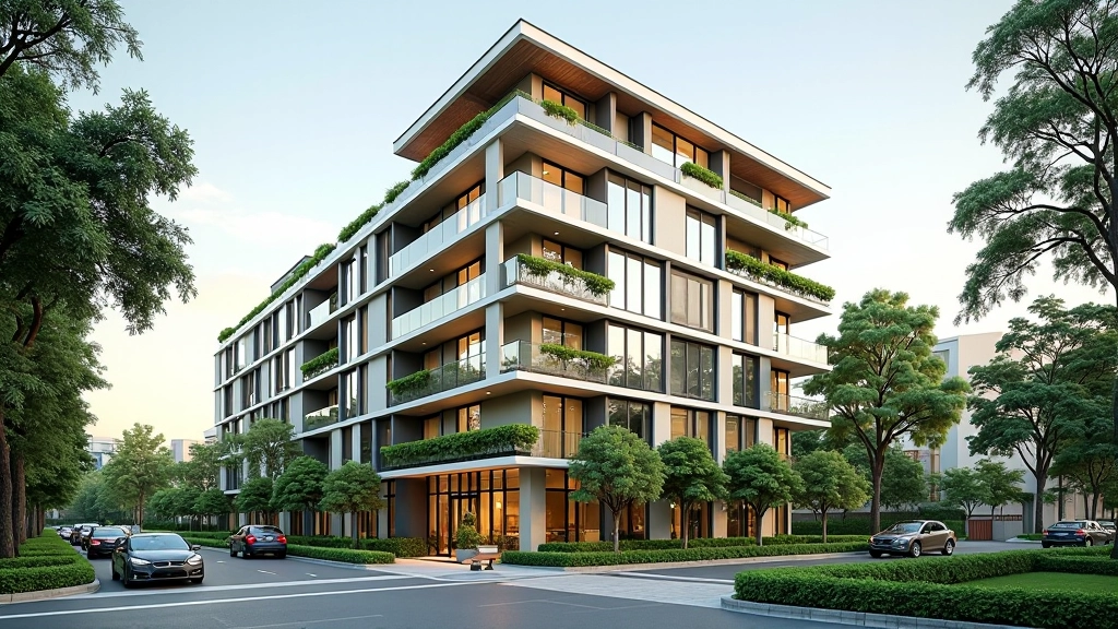 Building exterior in One-North neighborhood, modern architecture, street view with greenery