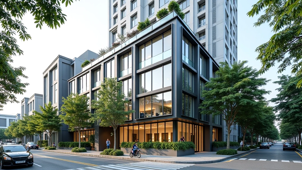 Modern apartment building exterior in One-North and Buona Vista neighborhood, showing contemporary architecture and surroundings