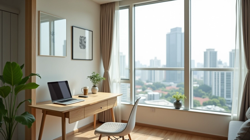 Modern apartment with dedicated home office workspace overlooking city, natural light, ergonomic setup visible