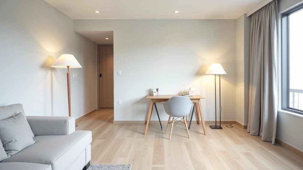 Apartment living room showing open floor plan with workspace corner, clean lines, neutral color palette