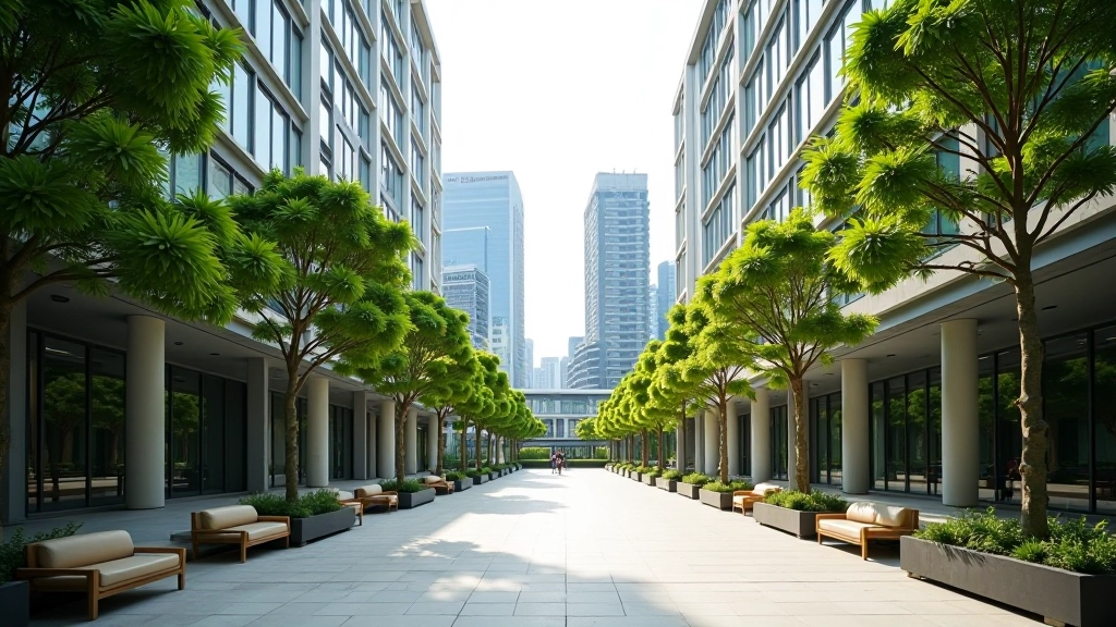 Modern office and residential district with contemporary buildings, tree-lined plaza, and professional outdoor workspace areas