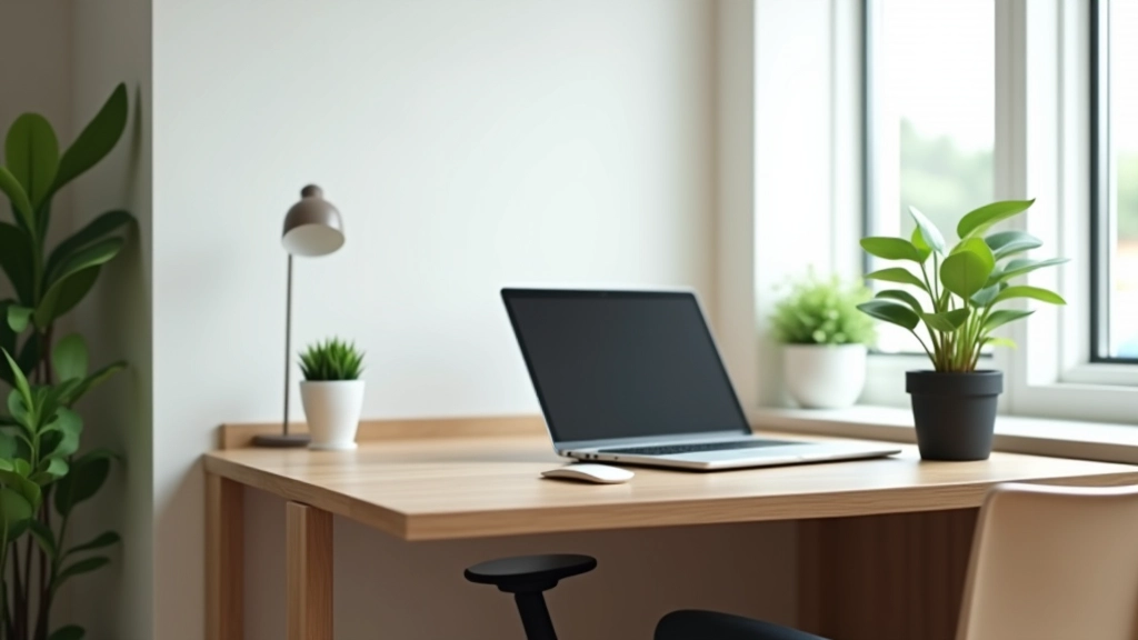 Modern home office desk setup near window with natural light, laptop and ergonomic chair visible