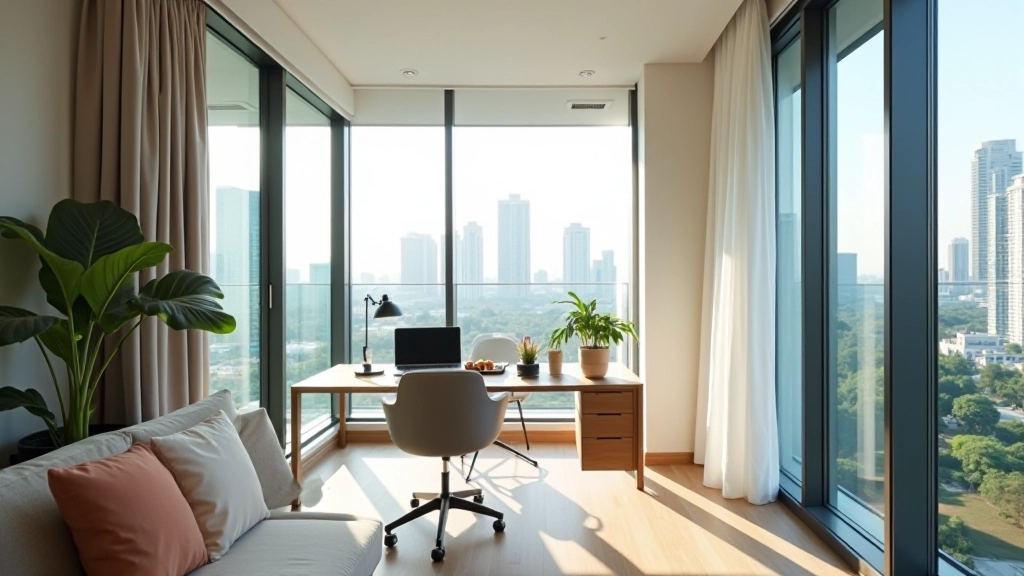 Modern home office setup in premium apartment with natural lighting