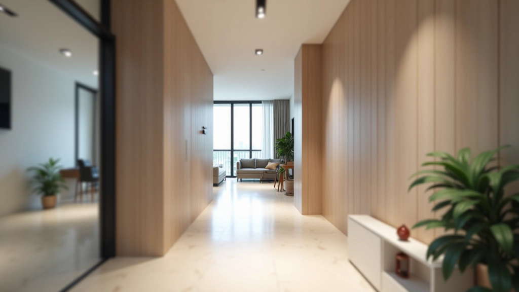 Residential apartment corridor with modern design, natural light from windows, clean contemporary interior styling