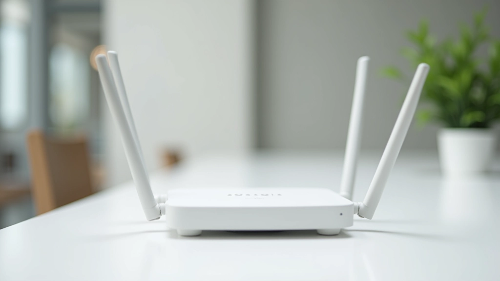 Close-up of WiFi router and network cables on white desk, showing reliable internet setup