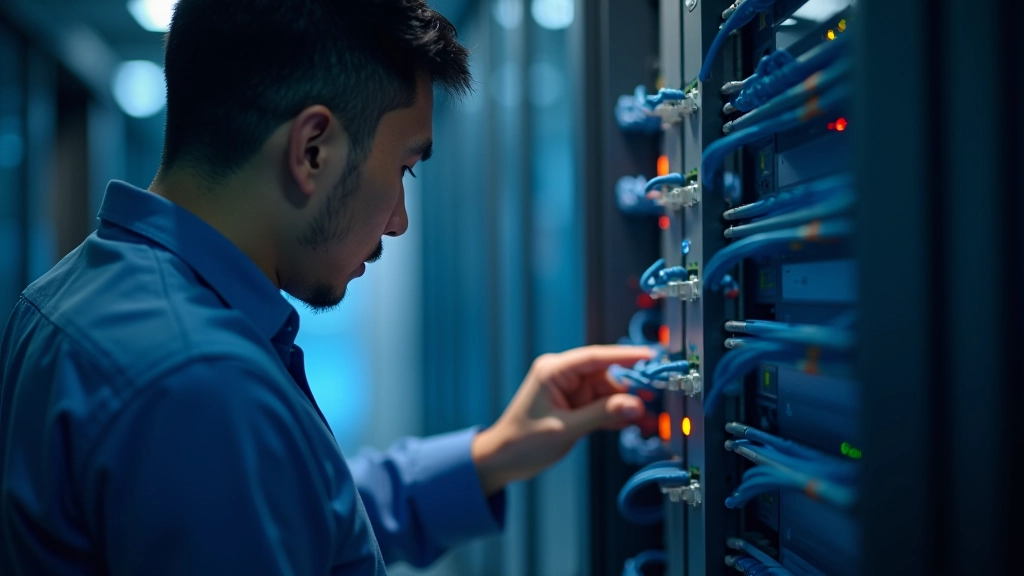 Network technician checking fiber optic cables in server room with professional equipment, focused on connectivity infrastructure