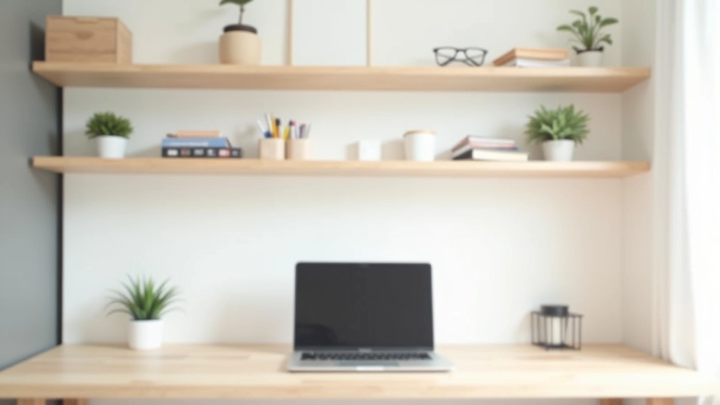 Organized home office storage with shelves, organizers, and minimal visible clutter on desk surface