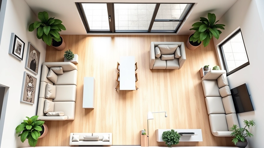 Apartment floor plan showing open living area with dining zone separated from bedroom, clear sightlines, neutral wall colors, dimensions marked