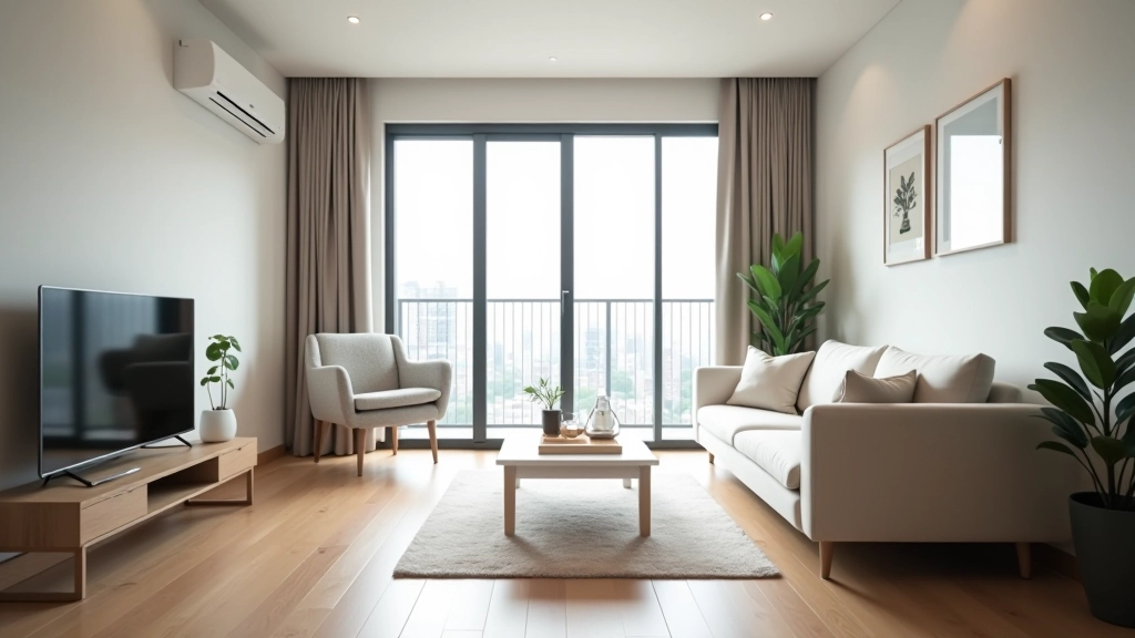 Spacious apartment living room with modern furnishings, home office area visible, natural light from large windows