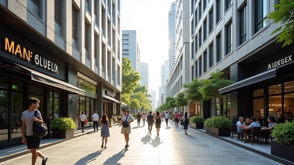 Urban neighborhood street view with modern buildings, pedestrians, cafes, and street-level shops in a mixed-use district