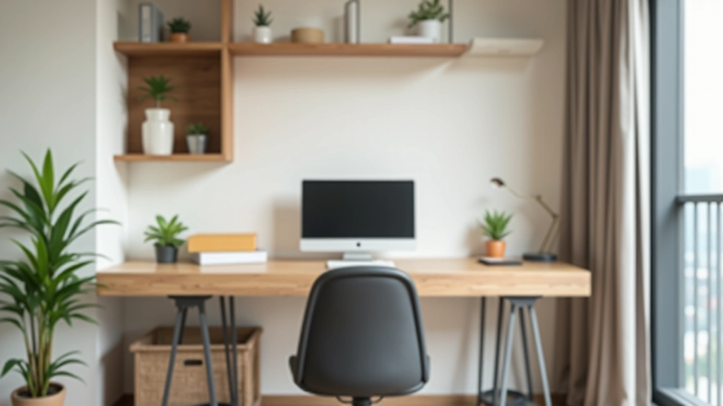 Modern apartment office nook with ergonomic chair at desk, monitor mounted on wall, shelving above for storage, small potted plant, clean organized workspace