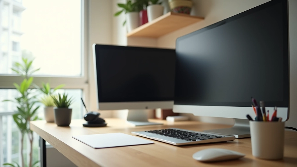 Home office desk setup with laptop, external monitor, router positioned on shelf, proper cable management and equipment placement